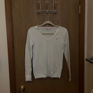Tommy Hilfiger White V-Neck Long Sleeve Sweater | Size S